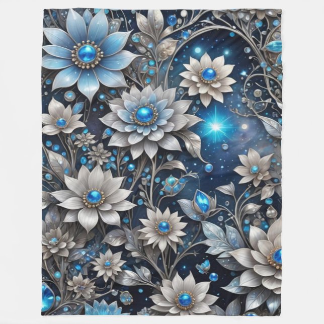 Silver and Blue Floral Fleece Blanket (Front)
