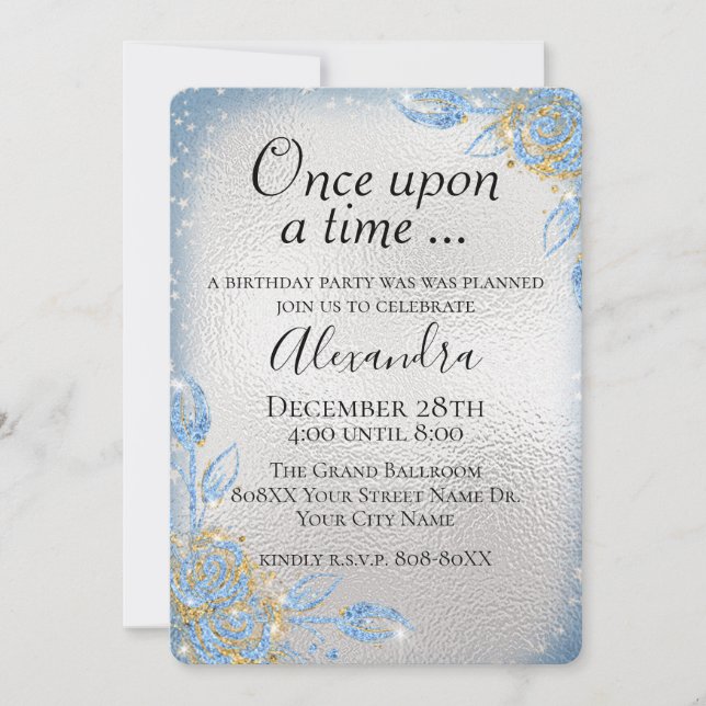 Silver and Blue Glitter Fairy Tale Theme Party Invitation (Front)