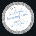 Silver and Blue Glitter Thank You Birthday Favour Classic Round Sticker<br><div class="desc">Silver and Dusty Blue Periwinkle Glitter sparkly personalised thank you favour stickers for a fun and girly birthday party. The text is editable making them perfect for a little girl's 1st 5th, or 8th birthday, or a big girl's 13th 15th sweet 16th, 18th or 21st birthday or graduation. The "thank...</div>
