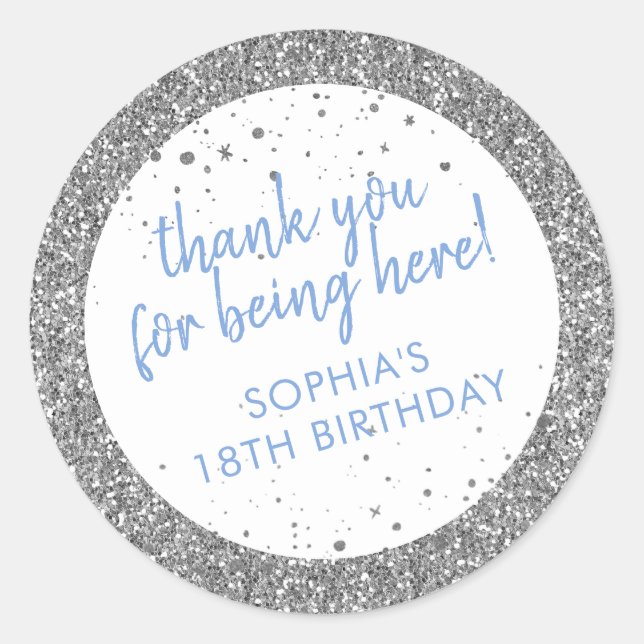 Silver and Blue Glitter Thank You Birthday Favour Classic Round Sticker (Front)