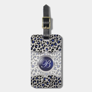 Silver and Blue Leopard Animal Print Monogram Luggage Tag