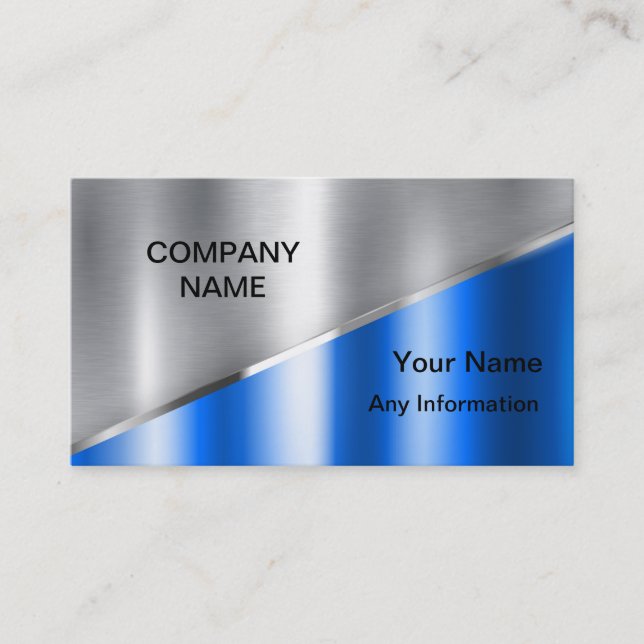 Silver and Blue Luxury Metallic Business Card (Front)