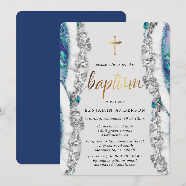 Silver and Blue Mineral Stone Baptism Invitation (Front/Back)