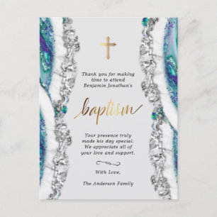 Silver and Blue Mineral Stone Baptism Thank You Postcard