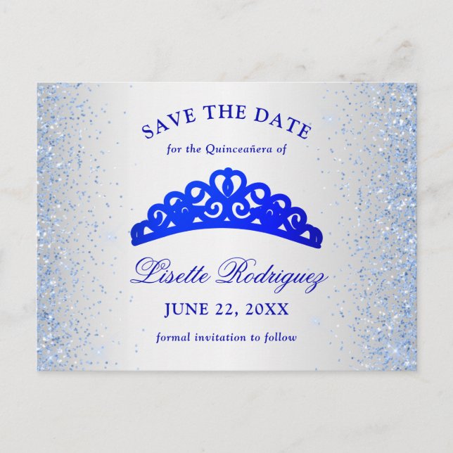 Silver And Blue Quinceanera Save The Date Postcard (Front)