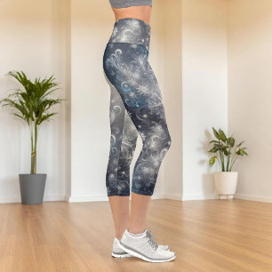 Silver and Blue Snowflake Winter Capri Leggings