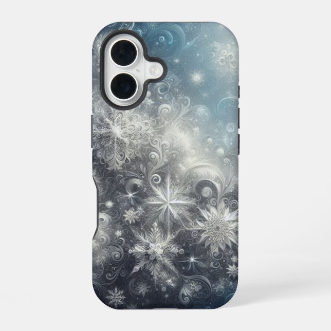 Silver and Blue Snowflake Winter iPhone 16 Case (Back)