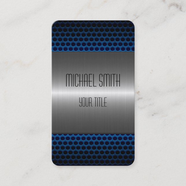 Silver and Blue Stainless Steel Metal Hole Business Card (Front)