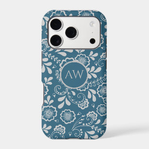 Silver and Blue Victorian Floral Lace Monogram