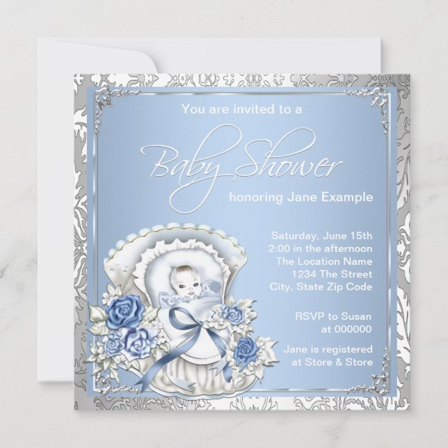 Silver and Blue Vintage Baby Boy Shower Invitation (Front)