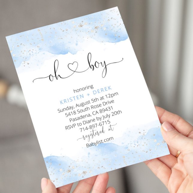 Silver and Blue Watercolor Oh Boy Baby Shower Invitation (Creator Uploaded)