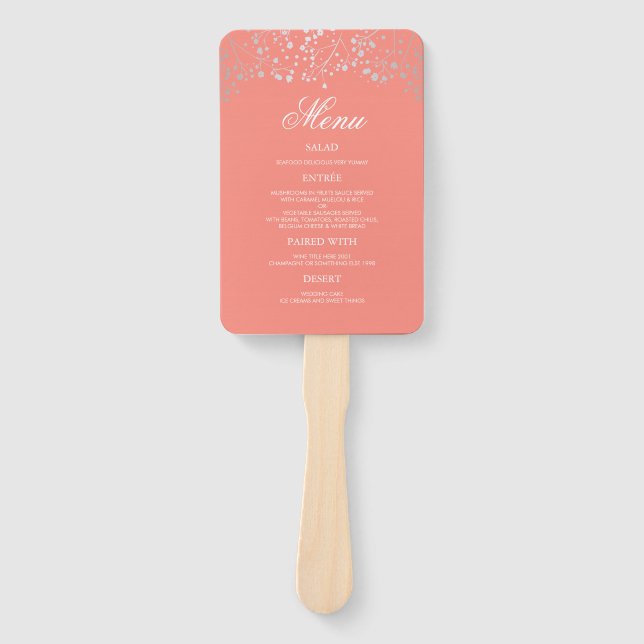 Silver and Blush Coral Wedding Menus Hand Fan (Front)