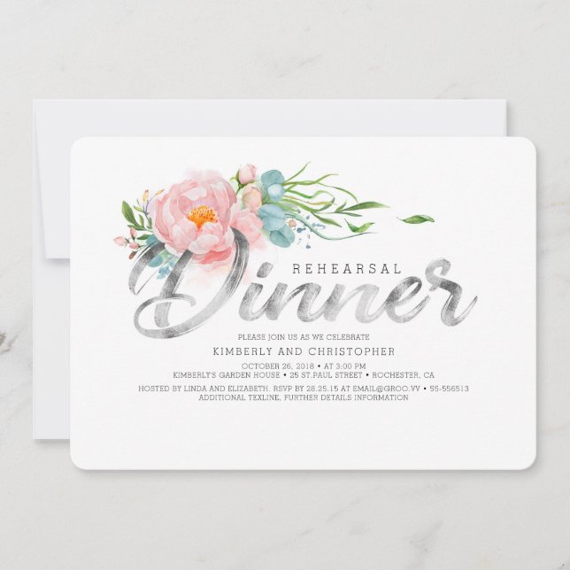 Silver and Blush Pink Florals Rehearsal Dinner Invitation (Front)