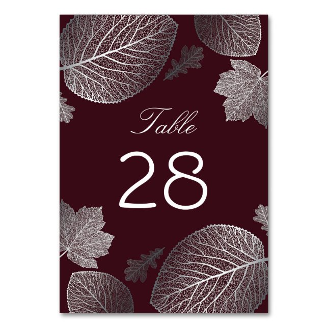 Silver and Burgundy Fall Leaves Wedding Table Number (Front)