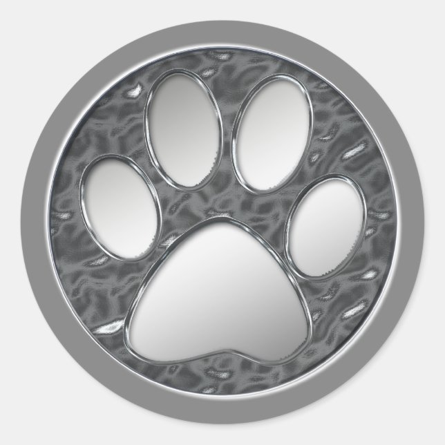 SILVER AND CHROME PAW PRINT CLASSIC ROUND STICKER (Front)