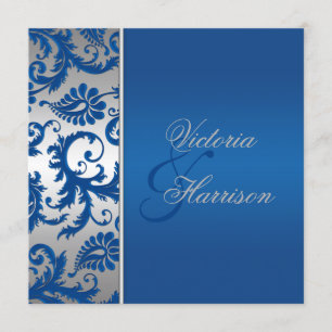 Silver and Cobalt Blue Damask Wedding Invitation