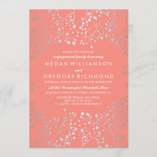 Silver and Coral Baby's Breath Engagement Party Invitation