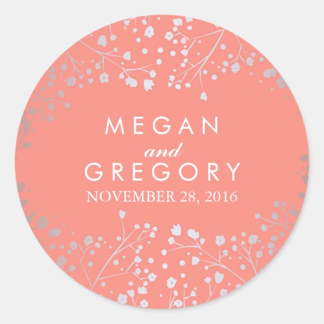 Silver and Coral Baby's Breath Wedding Classic Round Sticker (Front)