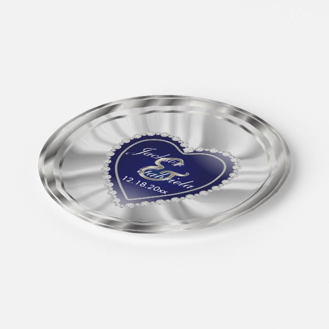 Silver and Dark Blue Wedding or Anniversary Paper Plate (Angled)
