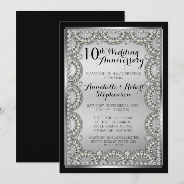 Silver and Diamond 10th Wedding Anniversary Party  Invitation (Front/Back)
