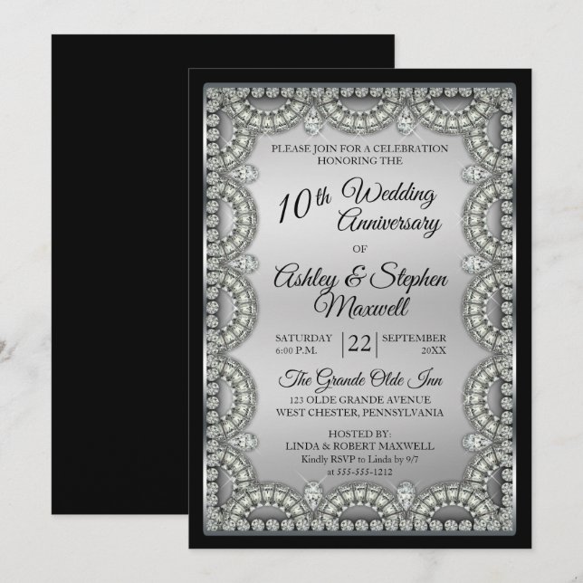 Silver and Diamond 10th Wedding Anniversary Party Invitation (Front/Back)