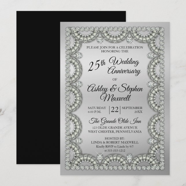 Silver and Diamond 25th Wedding Anniversary Party Invitation (Front/Back)