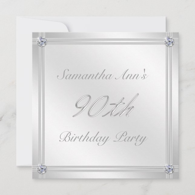 Silver and Diamond Effect 90th Birthday Party Invitation (Front)