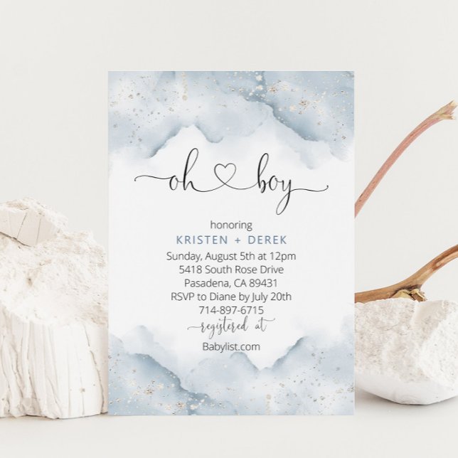 Silver and Dusty Blue Watercolor Baby Shower Invitation (Creator Uploaded)
