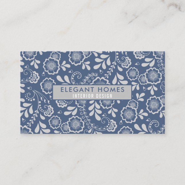 Silver and French Blue Floral Lace Business Card (Front)