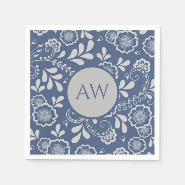 Silver and French Blue Victorian Lace Monogram Napkin (Front)