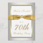 Silver and Gold 70th Birthday Invitation<br><div class="desc">Classy silver and gold 70th birthday invitation with PRINTED on ribbon and jewelled brooch. The invitation is fully customisable, so you can change the numbers to suit a 50th, 60th, 80th, 90th birthday, or any number you need. If you require any matching products, such as RSVP cards, postage, envelopes etc.,...</div>