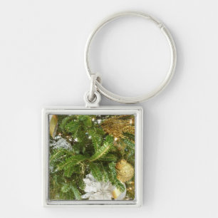 Silver and Gold Christmas Tree I Holiday Key Ring