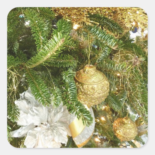 Silver and Gold Christmas Tree I Holiday Square Sticker (Front)