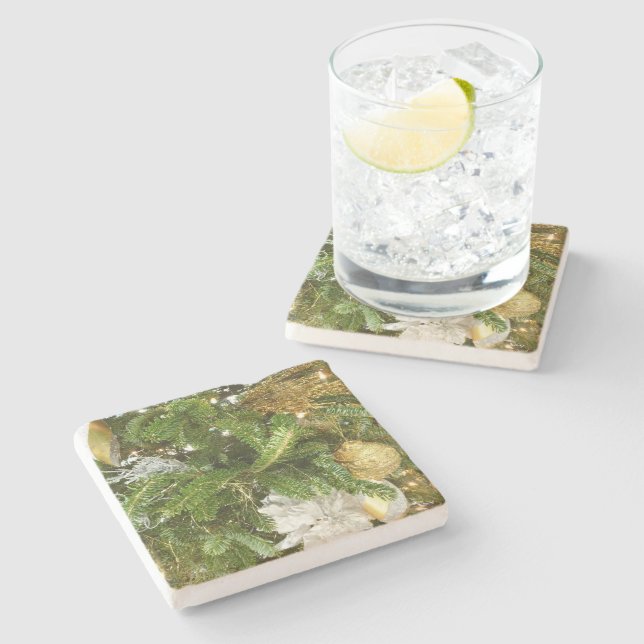 Silver and Gold Christmas Tree I Holiday Stone Coaster (Side)