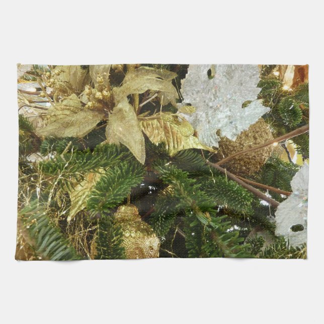 Silver and Gold Christmas Tree II Holiday Tea Towel (Horizontal)