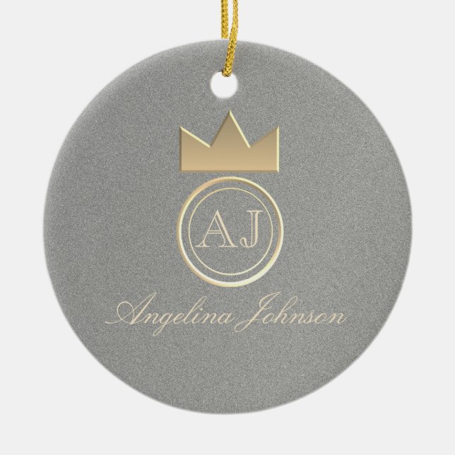 Silver and Gold Crown Monogram Christmas Ceramic Tree Decoration (Front)