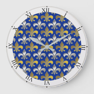 Silver and Gold Fleurs-de-lis on Blue Background Large Clock