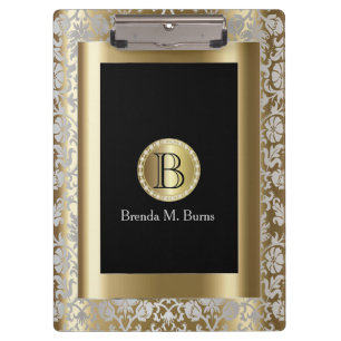 Silver and Gold Floral Monogram Damask Clipboard