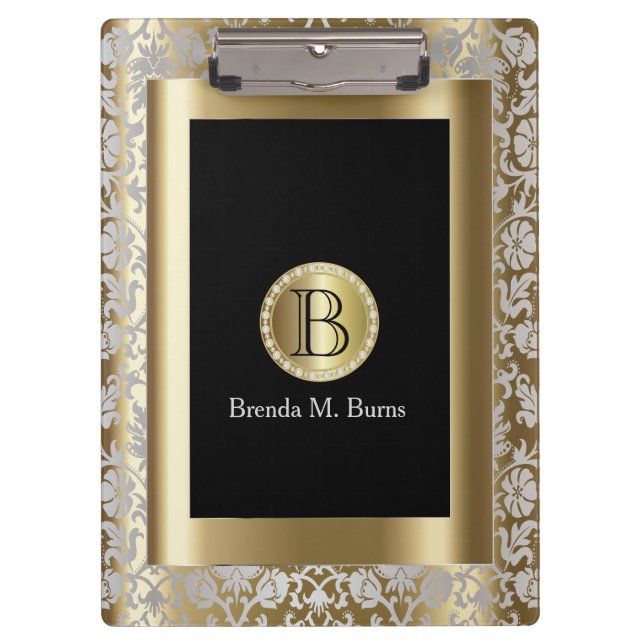 Silver and Gold Floral Monogram Damask Clipboard (Front)