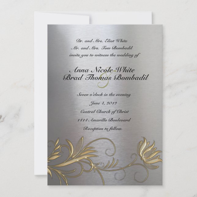 Silver and Gold Floral Vintage Wedding Invitation (Front)