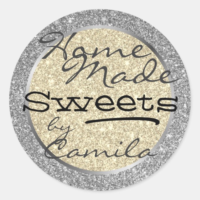 Silver and Gold Glitter Home Made Homemade Text Classic Round Sticker (Front)