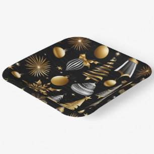 Silver And Gold Holiday Ornaments Pattern Paper Plate