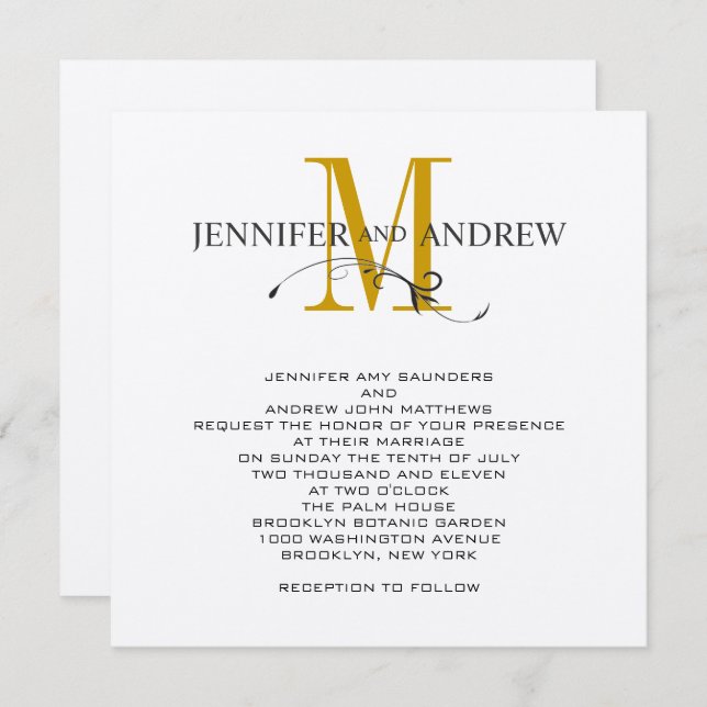 Silver and Gold Monogram Wedding Invitation (Front/Back)
