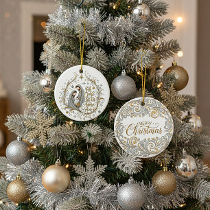 Silver and gold nativity Christmas Ceramic Tree Decoration