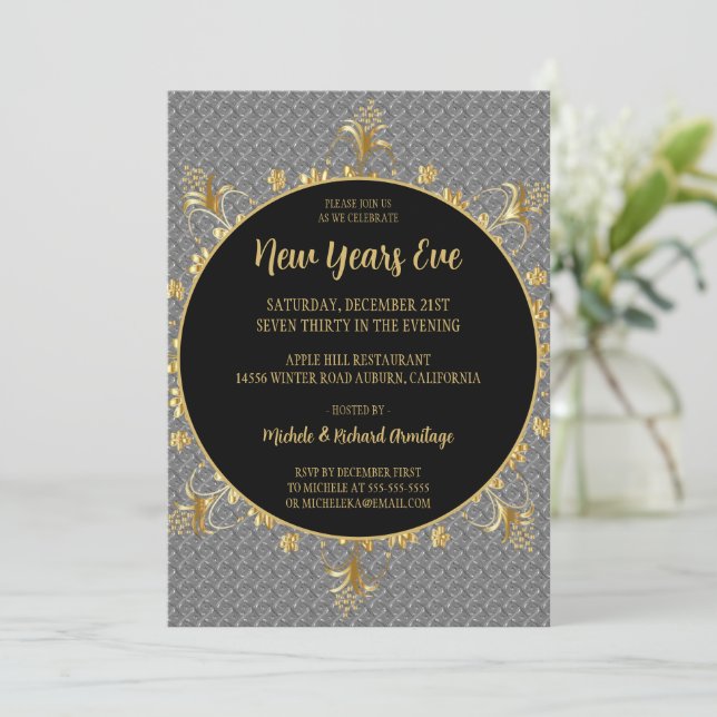 Silver and Gold New Years Invitation (Standing Front)