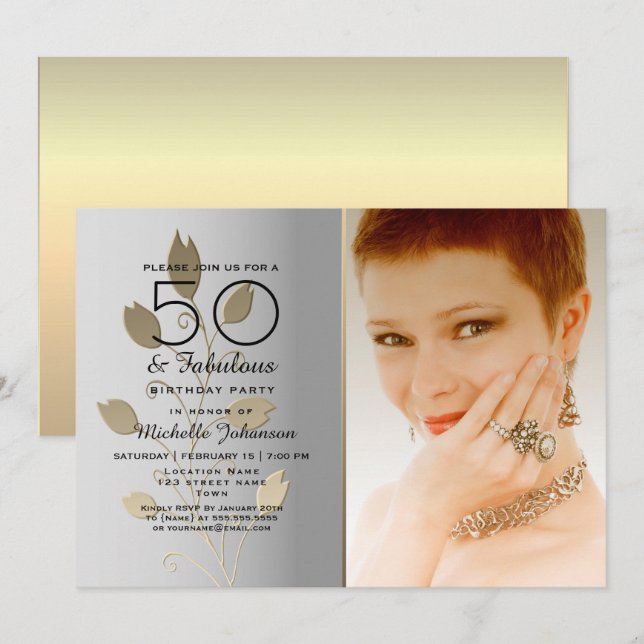 Silver and Gold Photo 50th Birthday Invitation (Front/Back)