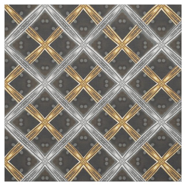 Silver and Gold Ribbon on Black Tiled Pattern Fabric (Swatch)