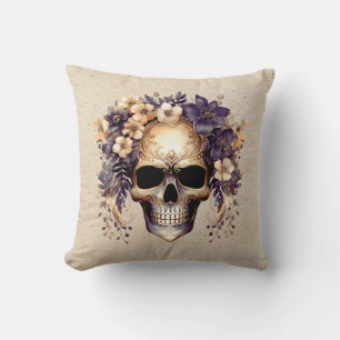 Silver and Gold Skull Floral Burlap Halloween Cushion