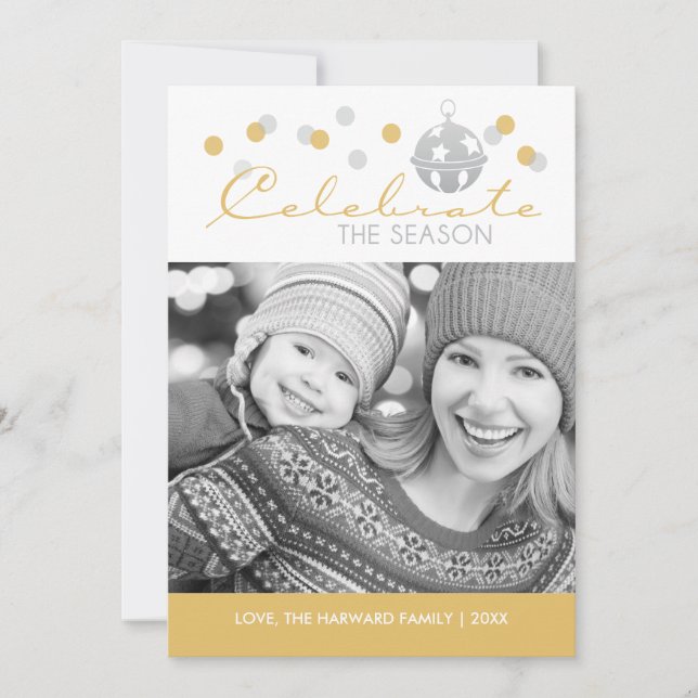 Silver and Gold Sleigh Bell Christmas Photo Card (Front)