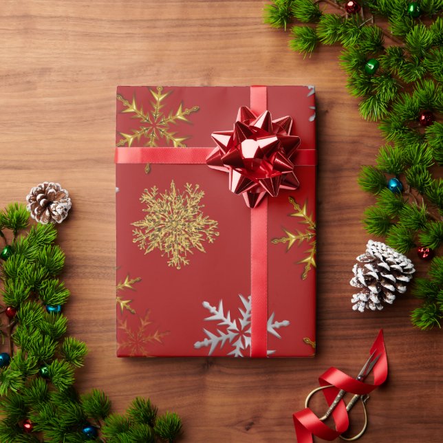 Silver and Gold Snowflakes on Dark Red Christmas Wrapping Paper (Holiday Gift)